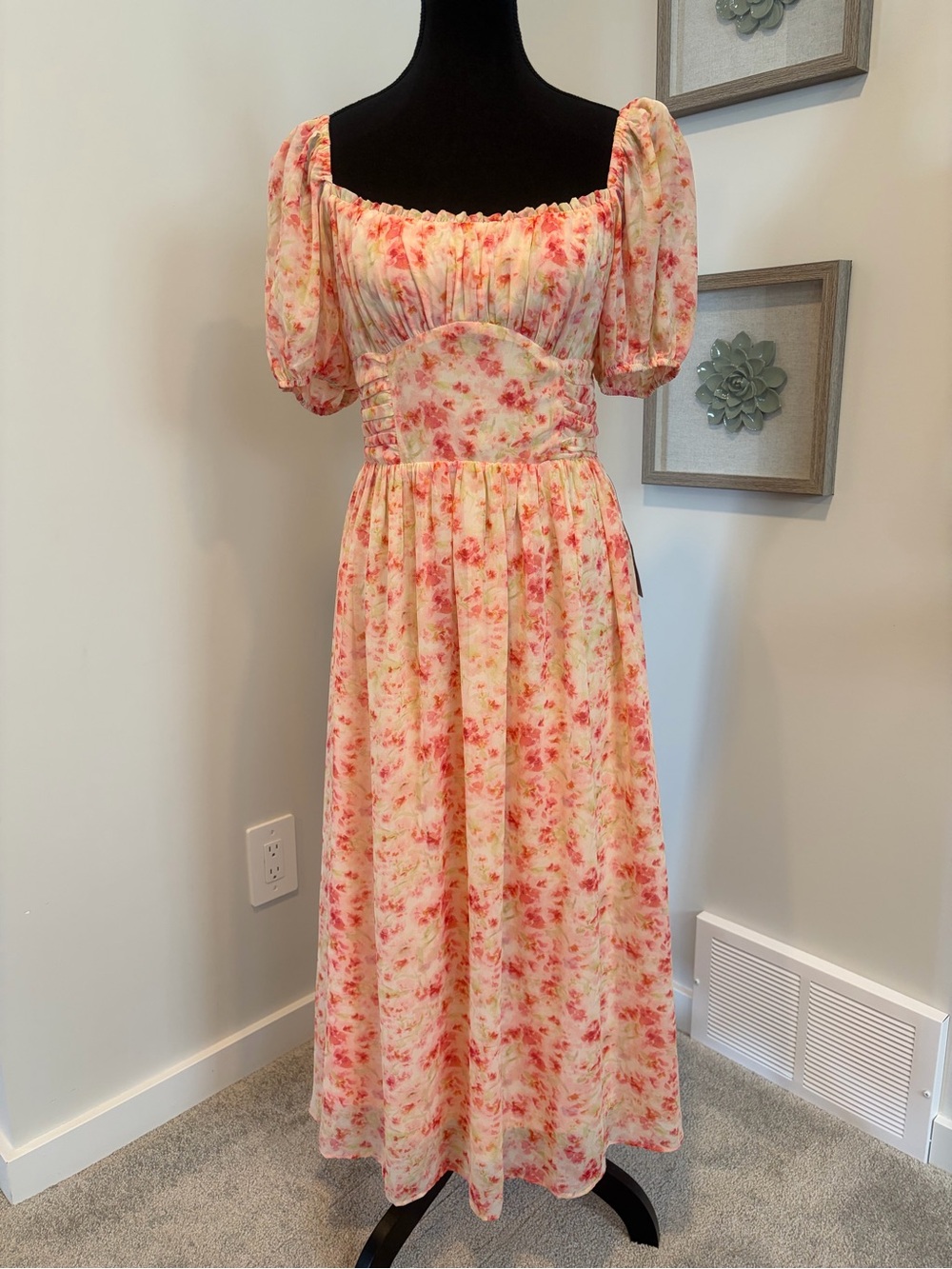 ASTR The Label Puff Sleeve Chiffon Smocked Maxi Dress In Red Pink Floral NWT!